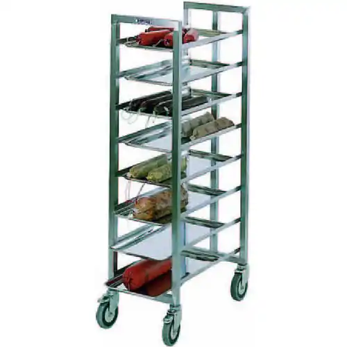 CNS-Transportwagen L 370 x T 640 x H 1700 mm, Chromnickelstahl Werkstoff-Nr. 1.4301, mit hinterer Anschlagleiste, für 10 Bleche 600 x 300 x 20 mm im Abstand von 150 mm, 4 gummiber. Lenkrollen Ø 125 mm mit Feststellern, Gehäuse verzinkt (ohne Bleche) Saisonangebot